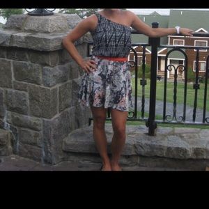 One shoulder multi-pattern dress